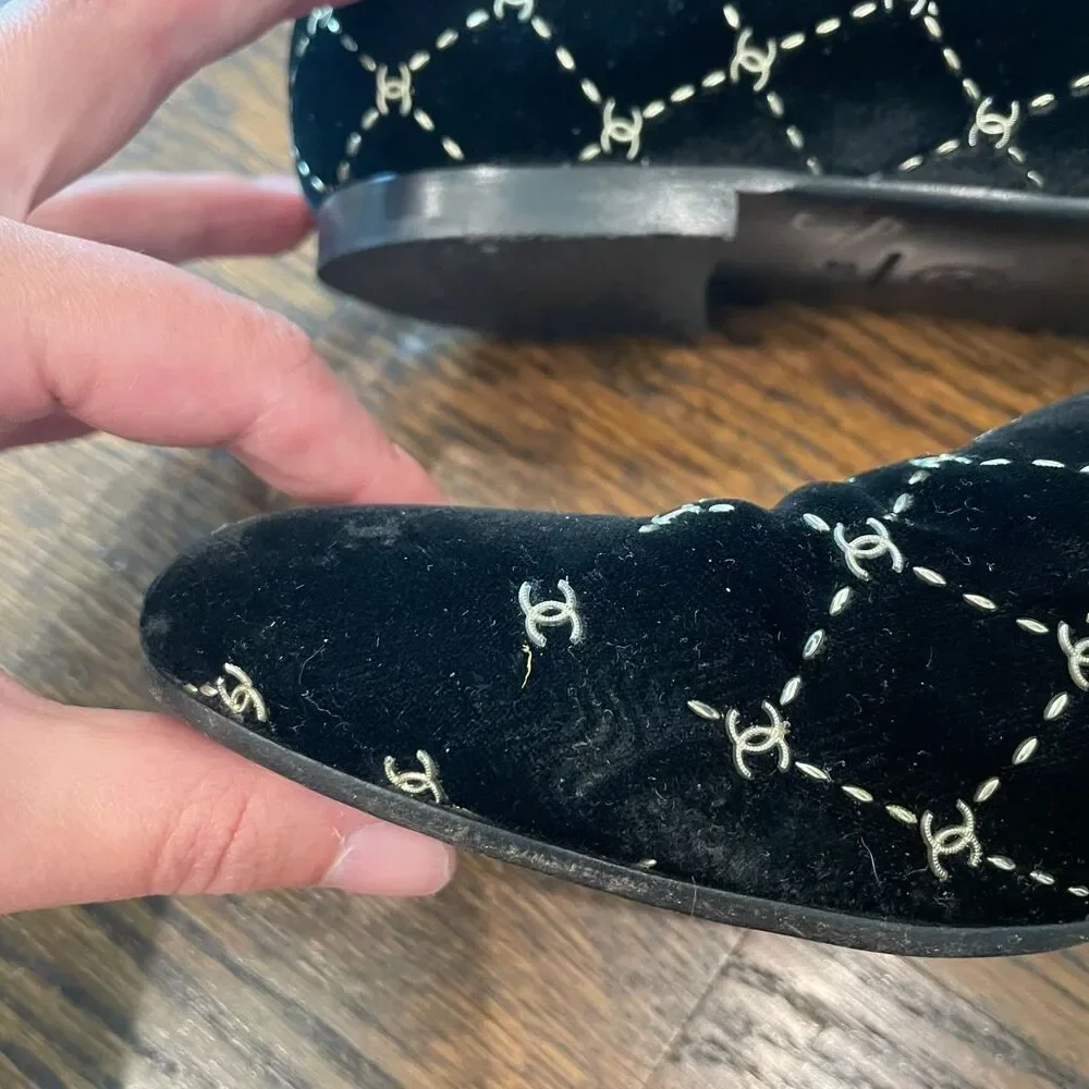 CHANEL Black Velvet Diamond Loafers Logo Smoking Slippers